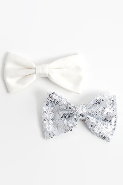 Soar Kids Aksesuar Girl's 2-Piece White-Silver Sequin Matte Satin Bow Buckle