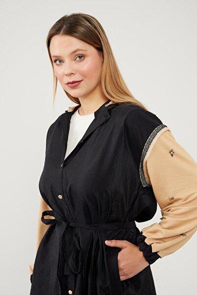 Levidor Μαύρο-καμηλό καμπαρντίνα με κεντημένες λαβές με κουκούλα