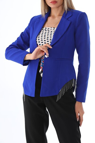 Papillon Tekstil Saks Mavisi Kruvaze Crop Blazer Ceket Zincir Detaylı Tek Düğmeli