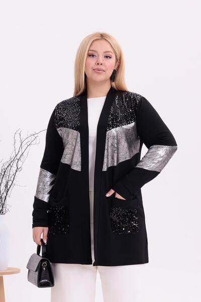 Siyezen Plus Size Silver Detailed Sequin Cardigan