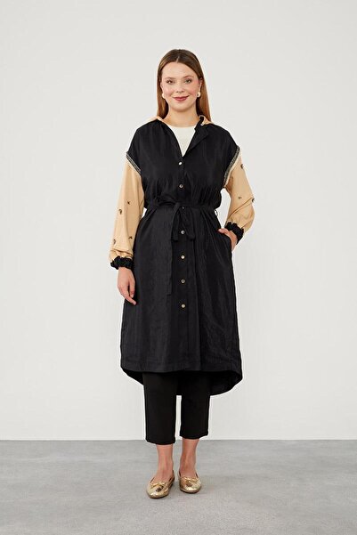 Levidor Μαύρο-καμηλό καμπαρντίνα με κεντημένες λαβές με κουκούλα