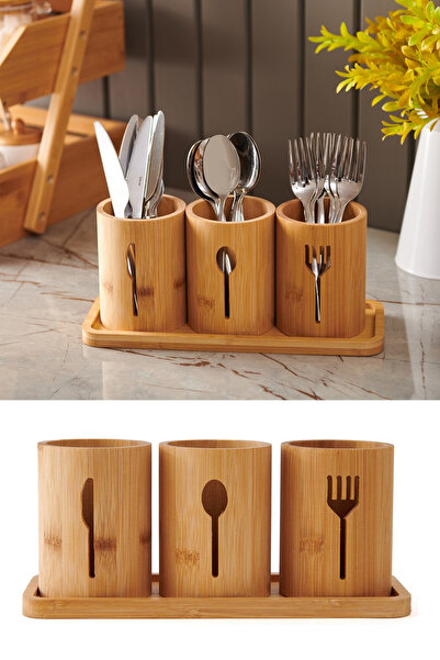 Homerest 4 Parça Doğal Bambu Kaşıklık Seti, 3 Bölmeli Doğal Bambu Kaşıklık Bı...