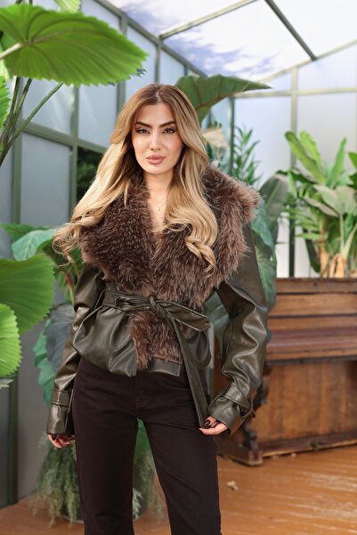 Butik İdl Fashion Haki Kürk Yaka Detaylı Deri Ceket – Şık ve Modern Kadın Ceket