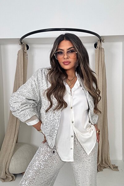 Sohotique By P Sequined Bomber Jacket Stone