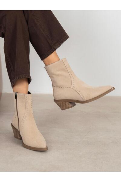ECENİN BUTİĞİ Ruxan Bej Süet Hakiki Deri Kadın Bot