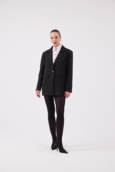 HOLLY LOLLY Oversized Cut Striped Strip Blazer Jacket Black