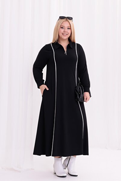 Siyezen Plus Size Striped Detail Polo Neck Dress