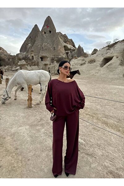 TRENDLİA طقم نسائي مكون من قطعتين بياقة قارب وحزام مطاطي عند الخصر و قصة فضفا...