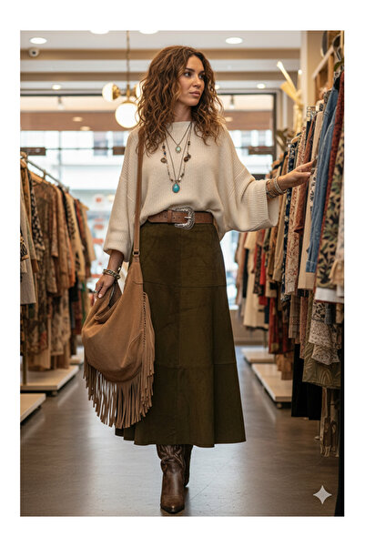 Namaste Vintage Khaki Color A-Line Suede Long Skirt