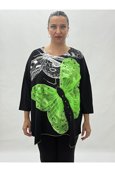 Monica بلوزة نسائية كبيرة الحجم من الفسكوز مزينة بالخرز بأكمام كابري قصة فضفاضة