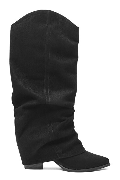 Mubiano Kadın Süet Çizme Körüklü Çekme Western Siyah Merina