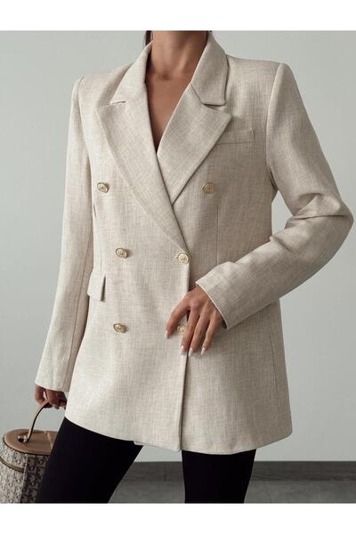 SEDA FİDAN BOUTIQUE Pamuk Keten Kruvaze Oversize Ceket Taş