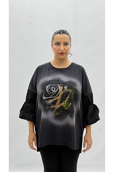 STİLL C&M Plus Size Viscose Stone Pearl Detailed Watermelon Sleeve O Oversize...