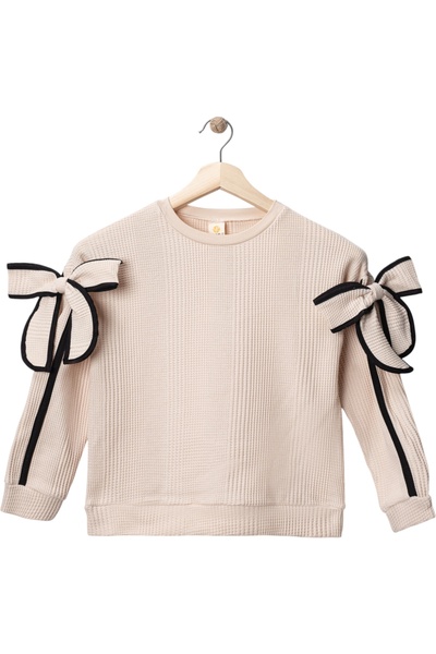 WOW kız çocuk kolları kurdele detaylı yesil krem örme tek üst