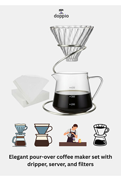 DOPPİO Glass Pour Over Coffee Maker Set – Dripper, Server & Filter Papers and Beans