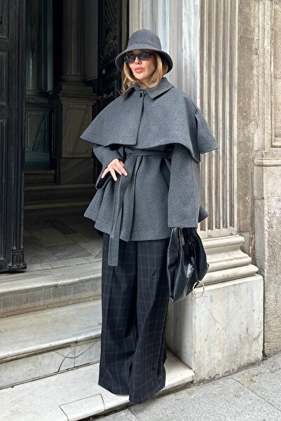Laluvia Anthracite Livia Cape Detailed Cashmere Coat