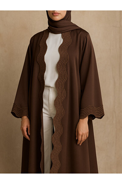 MayaCloset Premium Long Brown Nidah Cap Ferace Abaya with Elegant Lace Trim