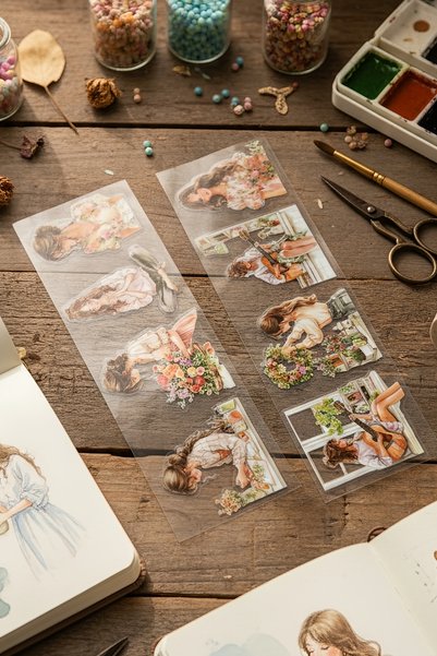 Kolbi Craft 8Pcs Transparent Flower Girl Sticker Bullet Journal Scrapbook Laptop Agenda Planner
