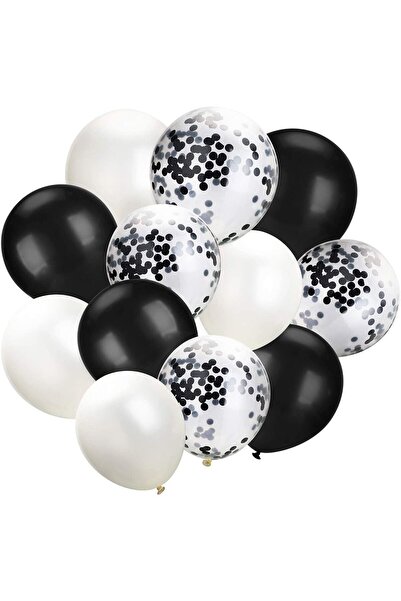 ebru parti evi 12 Inc Siyah Beyaz Konfetili Balon 10 Adet