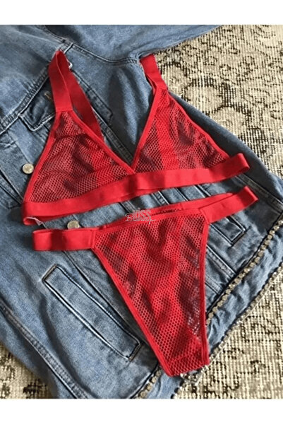 KissBump Fileli Ateş Kırmızısı Fileli Bralet Takım