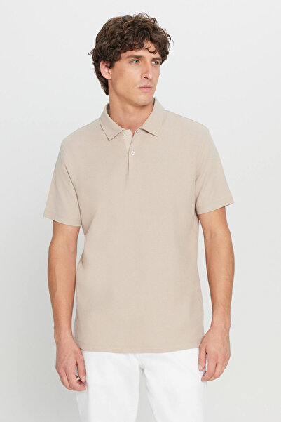 AC&Co / Altınyıldız Classics Ανδρικό μπλουζάκι μπεζ 100% βαμβάκι εφαρμοστό με λεπτή εφαρμογή πόλο με λαιμόκοψη ζακάρ πλεκτό μπλουζάκι