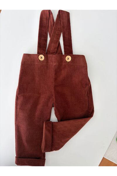 il mio bambino Handmade 100% Cotton Baby Salopet - Red - Brown - Suspender Buttoned Jumpsuit