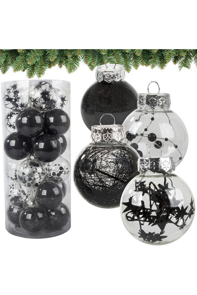 VERK Set of 24 Group Christmas baubles, black color, size 6 cm, various models
