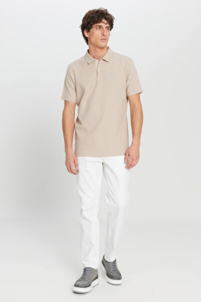 AC&Co / Altınyıldız Classics Ανδρικό μπλουζάκι μπεζ 100% βαμβάκι εφαρμοστό με λεπτή εφαρμογή πόλο με λαιμόκοψη ζακάρ πλεκτό μπλουζάκι