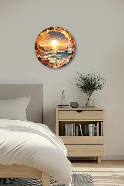 kutuTR 3D Görünümlü Temperli Cam Tablo – Gün Batımı ve Dalga Manzarası Duvar Süsü UV Baskı 33x33 cm-CDS137
