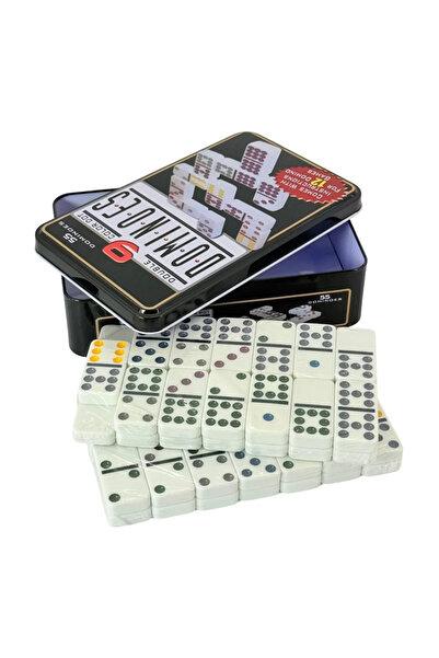 de Joc Domino Double 9 cu Piese Colorate și Cutie Metalică – 55 Piese din Pla...