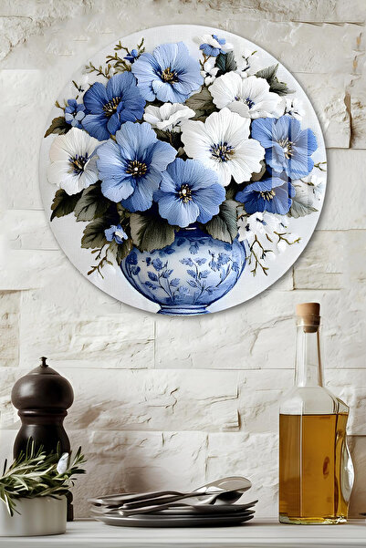 kutuTR 3D Görünümlü Temperli Cam Tablo – Mavi Beyaz Çiçekli Vazo Temalı Duvar...