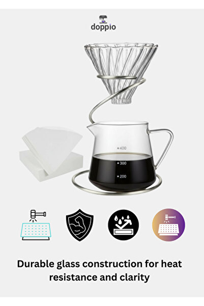 DOPPİO Glass Pour Over Coffee Maker Set – Dripper, Server & Filter Papers and Beans