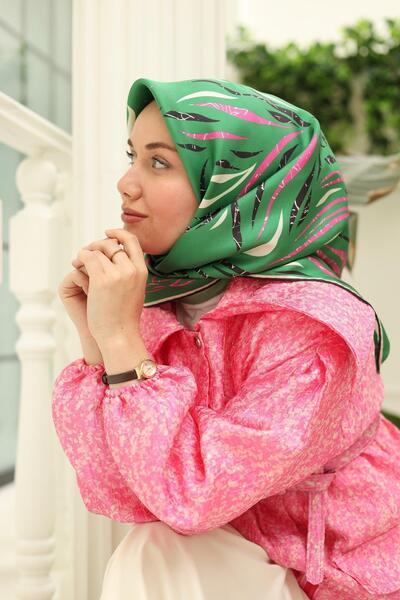 Silk Home Green Pink Patterned Tivil Silk Scarf 11432-58