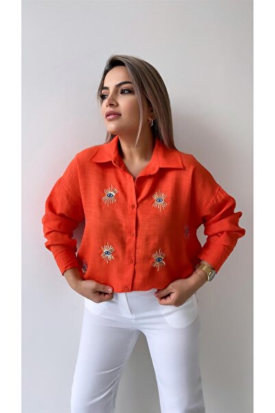 SEDA FİDAN BOUTIQUE Göz Nakışlı Keten Gömlek Turuncu