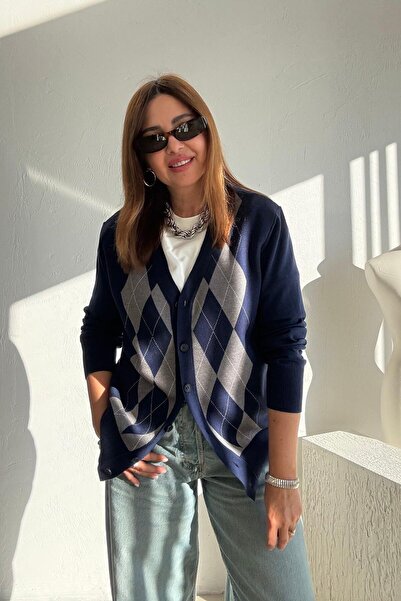 ELVAN TOLON Navy Blue Diamond Patterned Cardigan