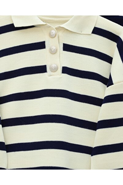Modamorfo Polo Neck Buttoned Striped Knitwear Set - Navy