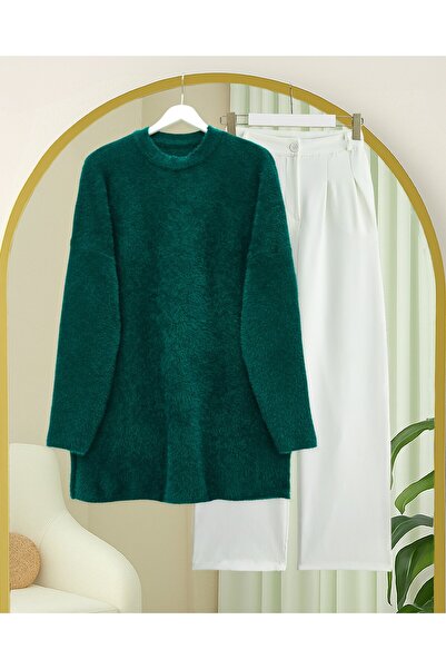 Modamorfo Bearded Long Loose Knitwear Tunic - Emerald