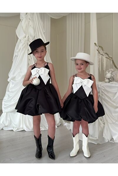 MODA فستان بناتي أسود بتصميم بالون مع فيونكة