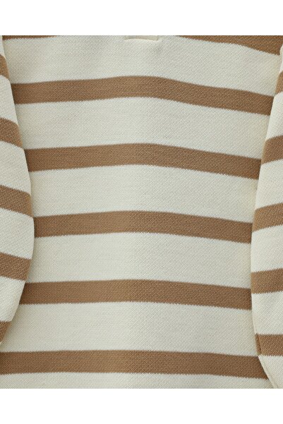 Modamorfo Polo Neck Buttoned Striped Knitwear Set - Tan