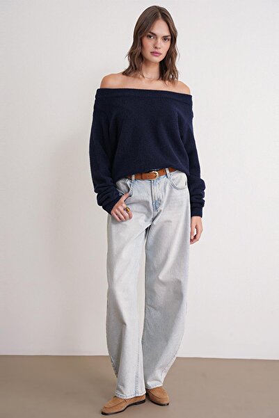 Mixray 69633 Women's Boat Neck Wool Blend Premium Knitwear Sweater Navy Blue