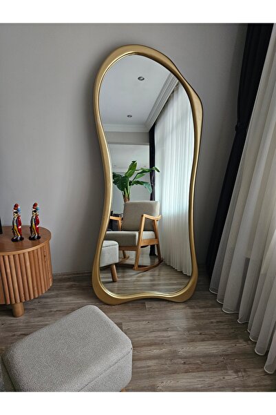 UĞURLU HOME 180x80 cm Asimetrik Boy Aynası-Gold Ahşap Görünümlü Dekoratif Duv...