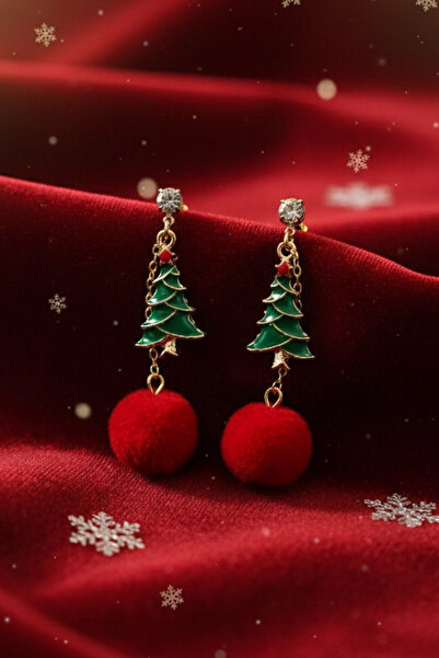 Jaida Moda Zircon Stone Pine Tree Figured Pompom Detailed Dangle Christmas New Year Earrings