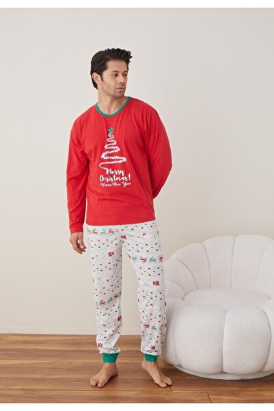 TOSKI Men's Christmas Pajamas Long Pants Long Sleeve, Red, Fir Tree
