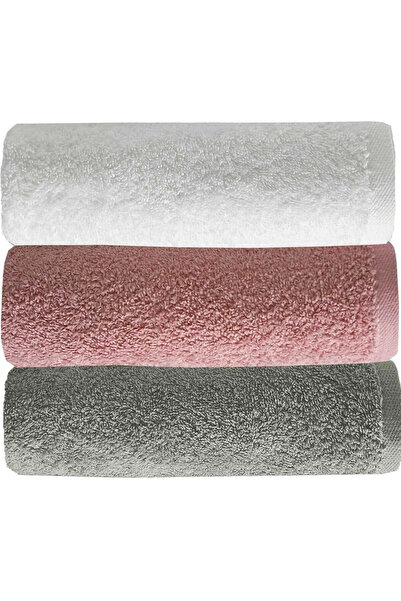 Mira Home مجموعة من 3 مناشف وجه يدوية بلون سادة 100% قطن 50x90 سم رمادي-وردي-...
