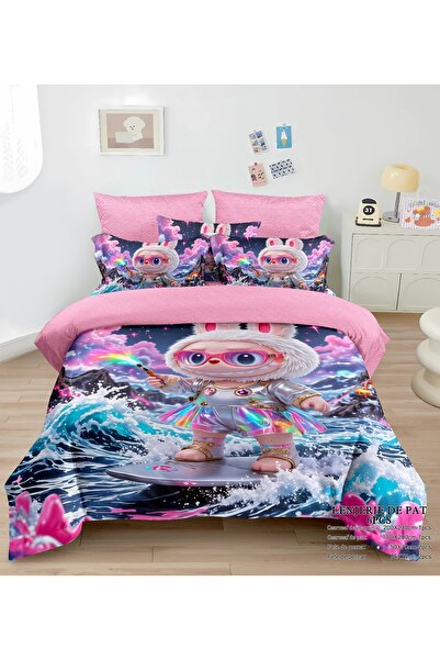 Lenjeria Familiei Tale Double bed linen 6 pieces fine with elastic – Labubu model pink, colorful