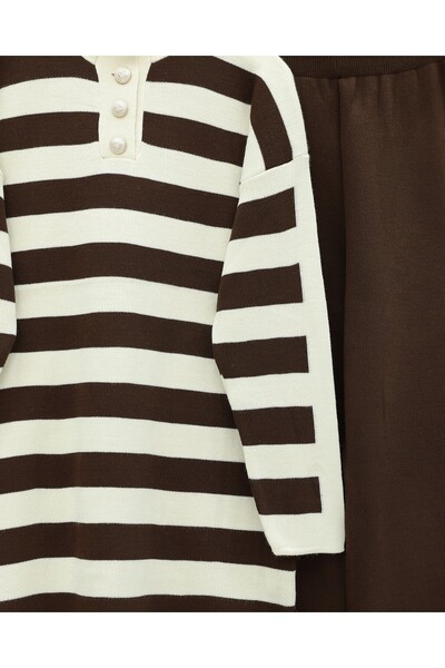 Modamorfo Half Turtleneck Buttoned Thick Striped Knitwear Set - Brown