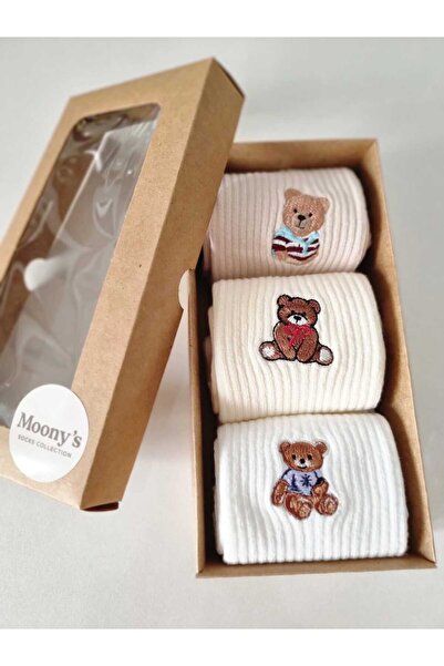 Moonys Socks Collection Set de 3 șosete pentru femei, cu model de ursuleț brodat, serie specială