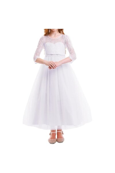 DELPI - Long tulle and lace dress, white, 10-11 years