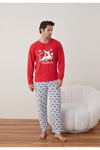 TOSKI Men's Christmas Pajamas Long Pants Long Sleeve, Red, Reindeer