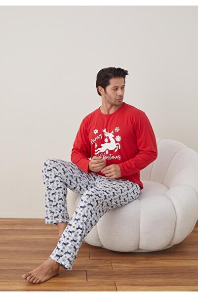 TOSKI Men's Christmas Pajamas Long Pants Long Sleeve, Red, Reindeer